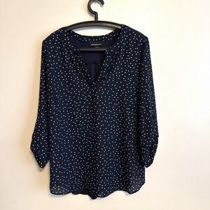 Fortune + Ivy Womens Large Blue Polka Dot Blouse Top Button Up Sleeve Career